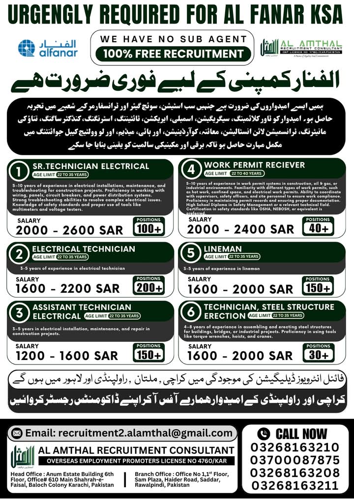 Alfanar company Free visa jobs in Saudi Arabia 2025