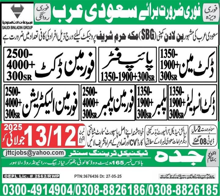 SBG Company Jobs in Makkah Saudi arabia 2025